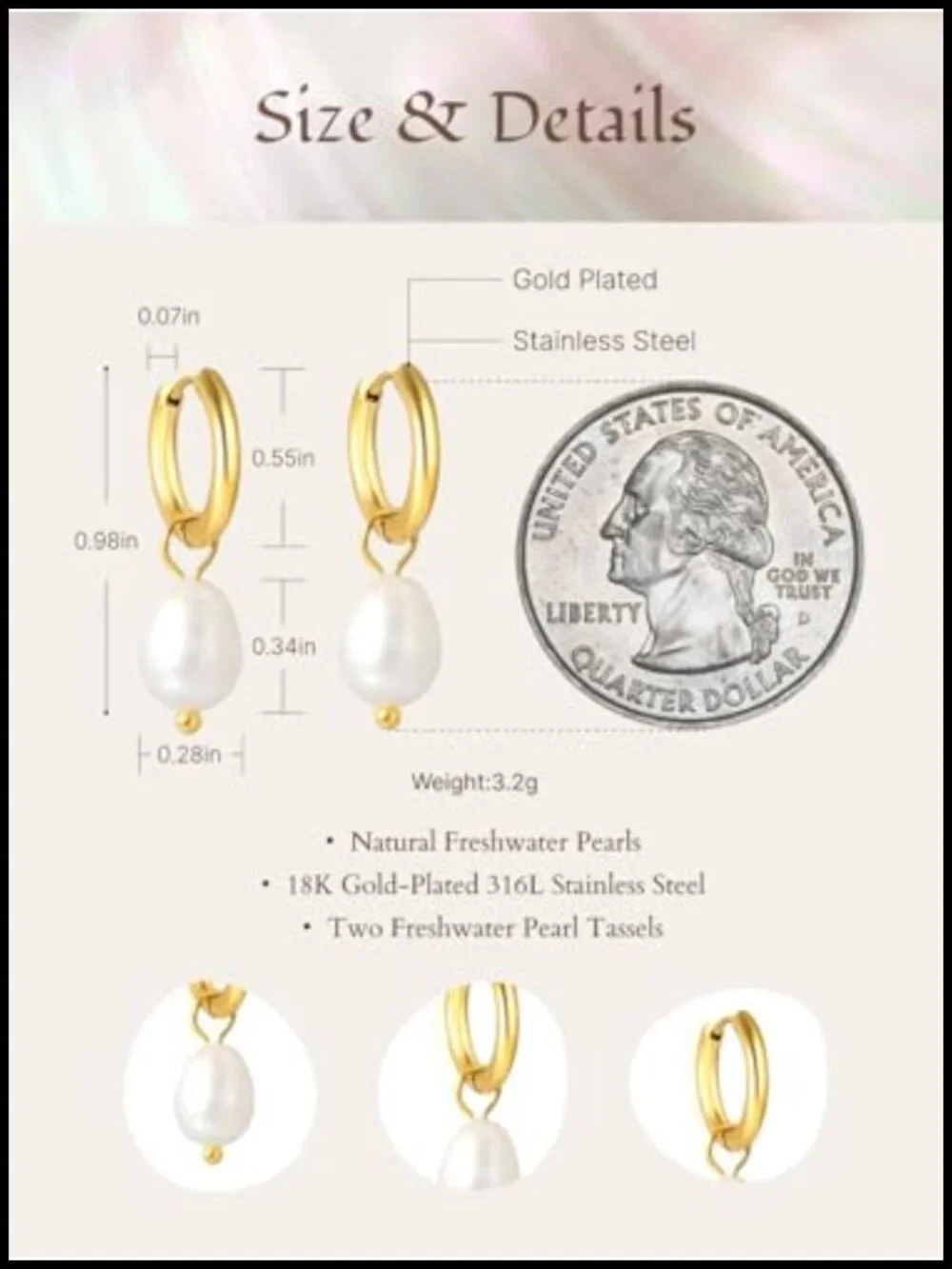 Dainty Freshwater Pearl Drop Earrings for Women Gold Huggie Hoop Dangle